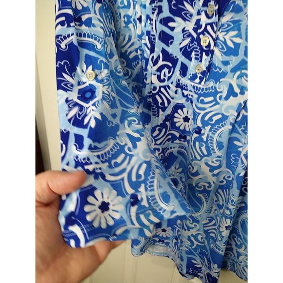 Ny Collection Blouse *M* Blue White Floral Abstract V Neck Roll Tab Sleeve - Picture 6 of 10